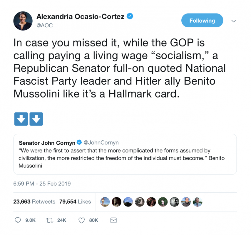 AOC Accuses Sen. John Cornyn of Praising Mussolini In What ...