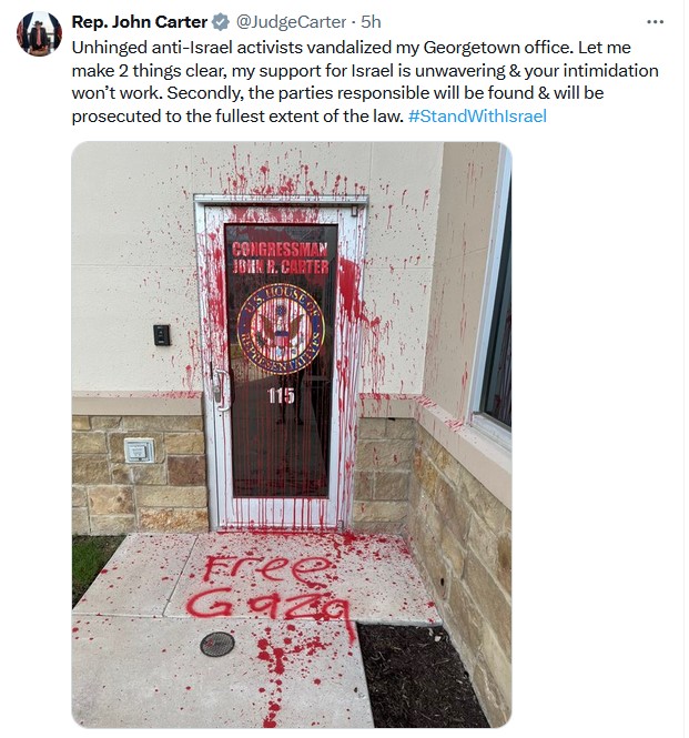 Anti-Israel activists vandalize Rep. Carter's office.